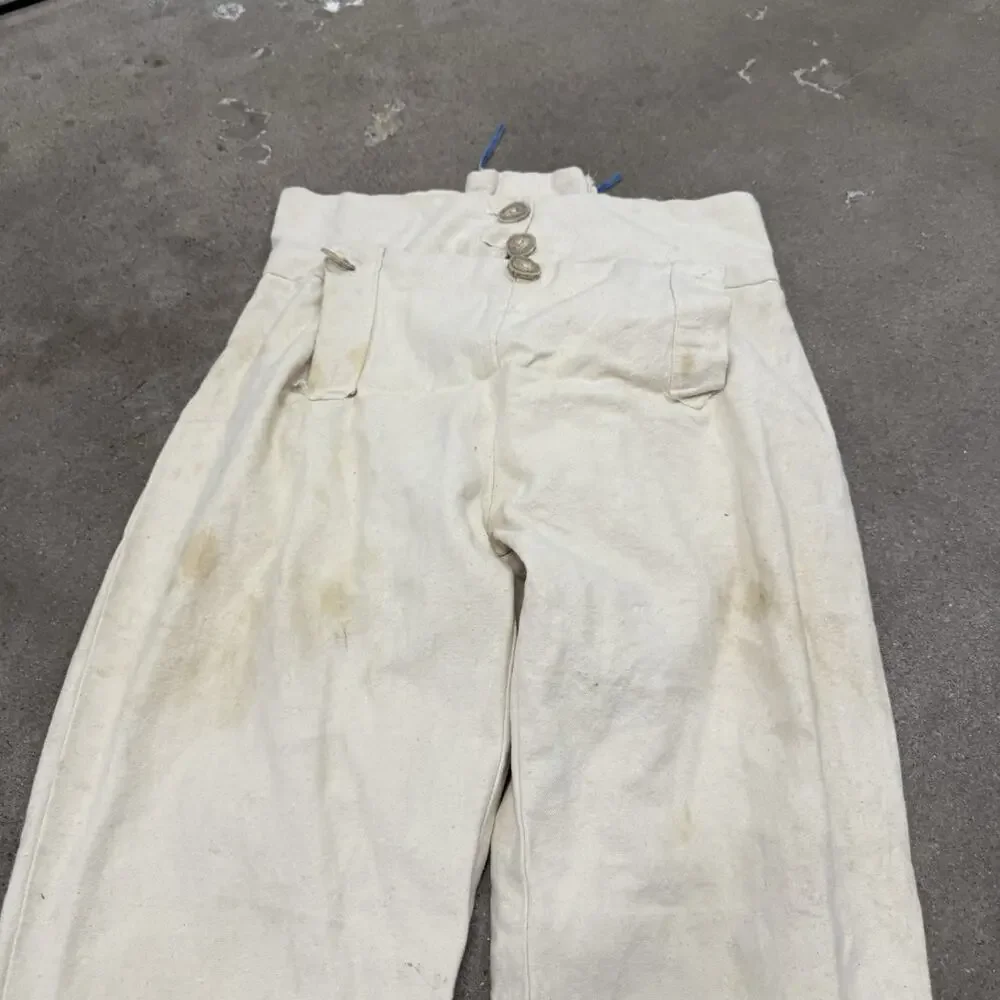 Vintage 1930s French Linen Sailor Fall Front Ivory Pants 29x31.5 Back Lace Up